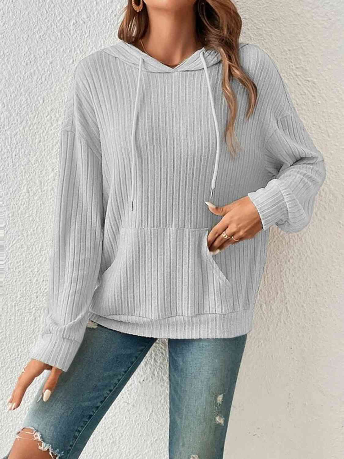 Ribbed Dropped Shoulder Drawstring Hoodie Global Village Kailua Boutique