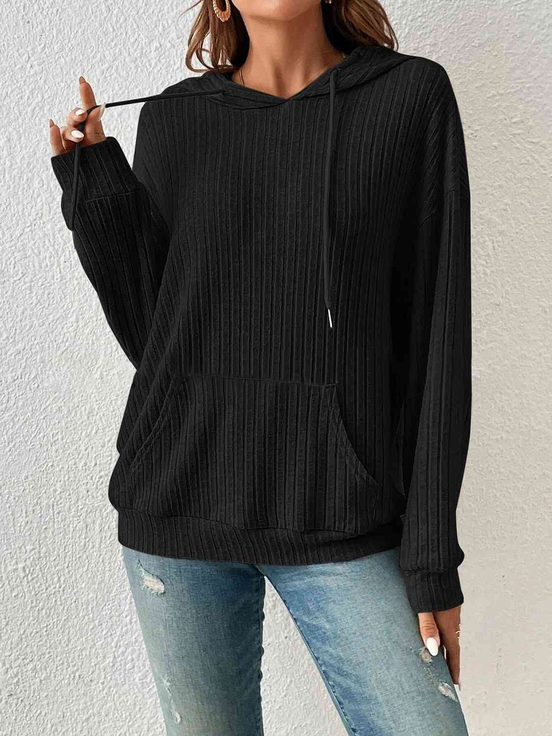 Ribbed Dropped Shoulder Drawstring Hoodie Global Village Kailua Boutique