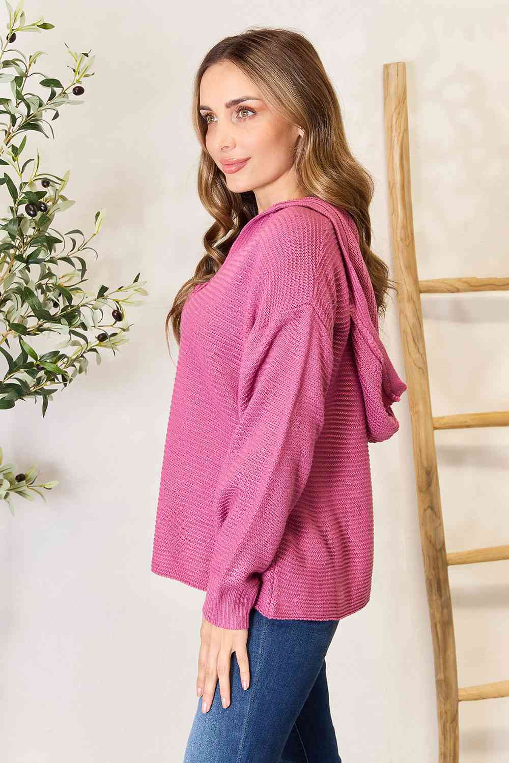 Ribbed Fringed V-Neck Hooded Sweater - Global Village Kailua Boutique
