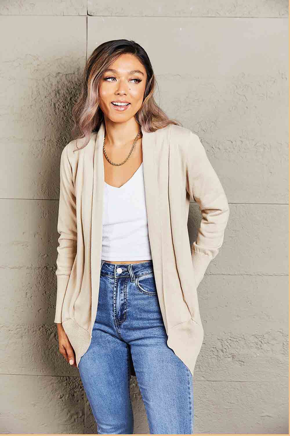 Ribbed Hem Open Front Cardigan - Global Village Kailua Boutique