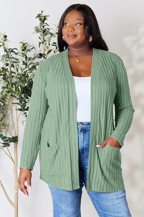 Ribbed Open Front Cardigan with Pockets - Global Village Kailua Boutique