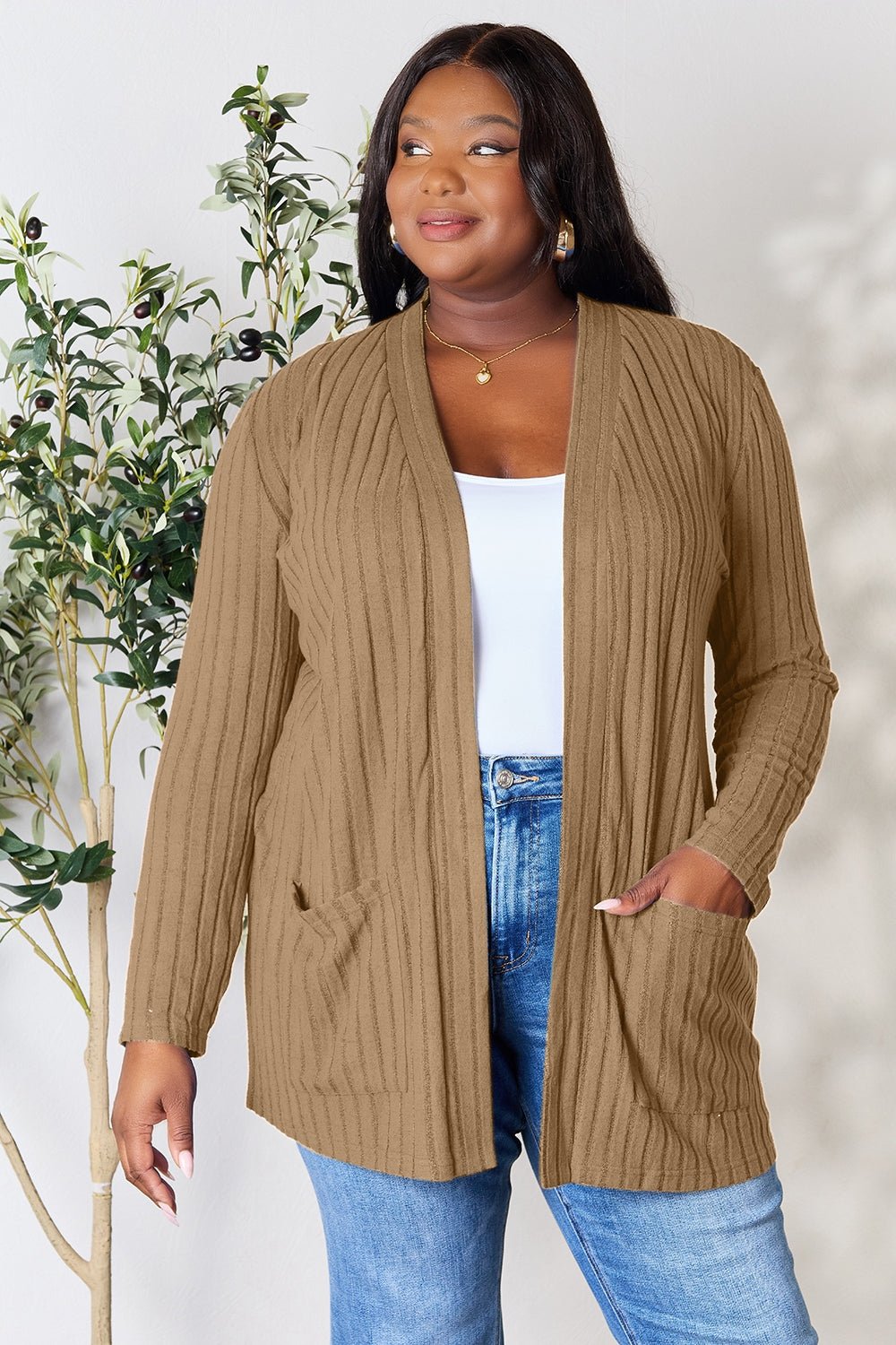Ribbed Open Front Cardigan with Pockets - Global Village Kailua Boutique
