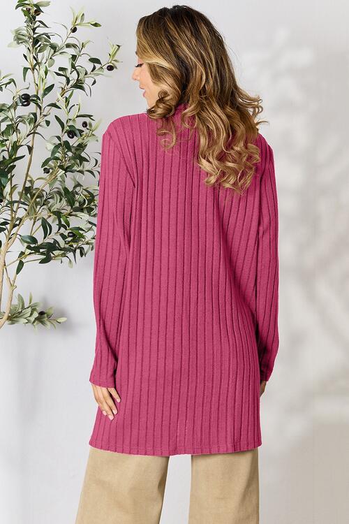 Ribbed Open Front Cardigan with Pockets - Global Village Kailua Boutique