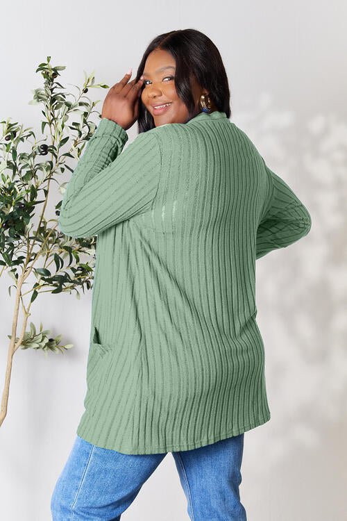 Ribbed Open Front Cardigan with Pockets - Global Village Kailua Boutique