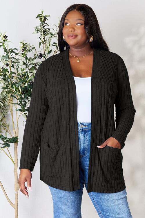 Ribbed Open Front Cardigan with Pockets - Global Village Kailua Boutique
