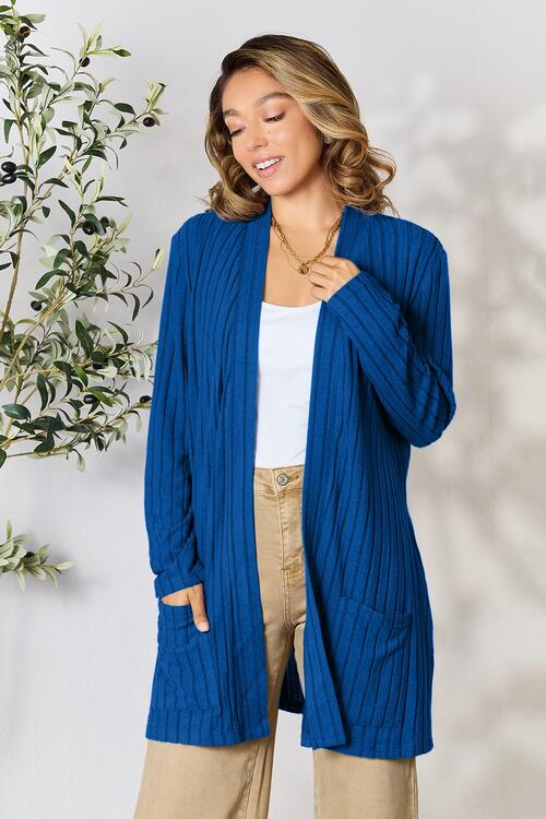 Ribbed Open Front Cardigan with Pockets - Global Village Kailua Boutique