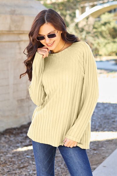 Ribbed Round Neck Long Sleeve Knit Top - Global Village Kailua Boutique