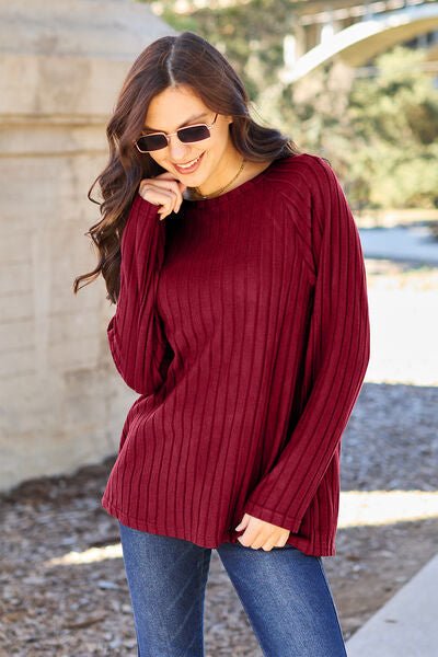 Ribbed Round Neck Long Sleeve Knit Top - Global Village Kailua Boutique