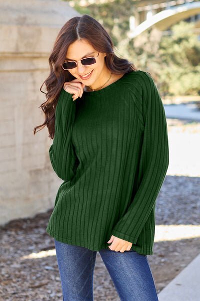 Ribbed Round Neck Long Sleeve Knit Top - Global Village Kailua Boutique