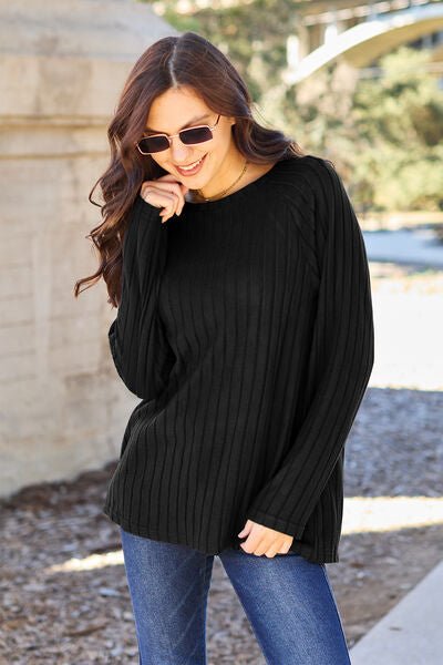 Ribbed Round Neck Long Sleeve Knit Top - Global Village Kailua Boutique