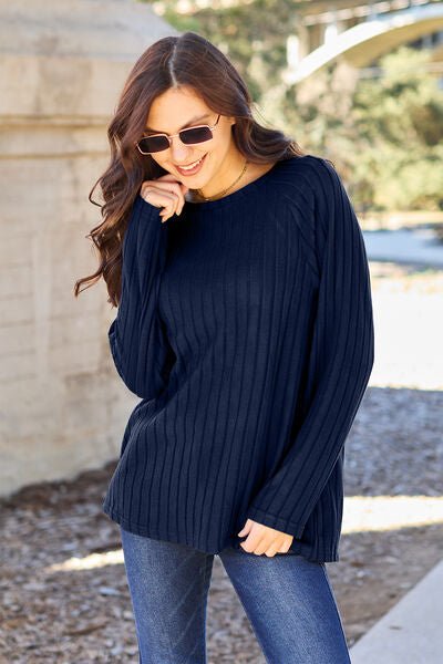 Ribbed Round Neck Long Sleeve Knit Top - Global Village Kailua Boutique