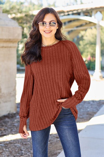 Ribbed Round Neck Long Sleeve Knit Top B - Global Village Kailua Boutique
