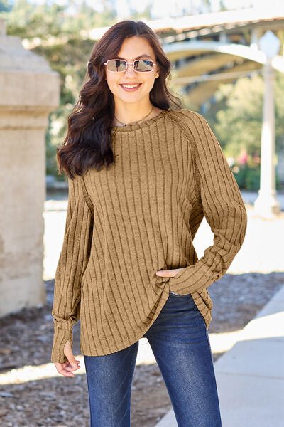 Ribbed Round Neck Long Sleeve Knit Top B - Global Village Kailua Boutique