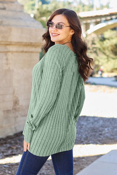 Ribbed Round Neck Long Sleeve Knit Top B - Global Village Kailua Boutique
