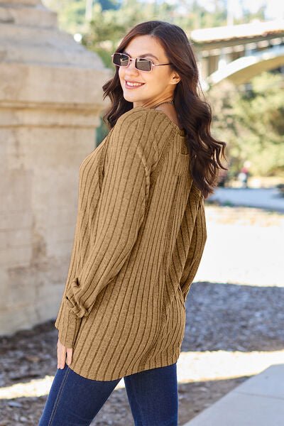 Ribbed Round Neck Long Sleeve Knit Top B - Global Village Kailua Boutique