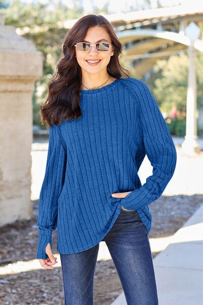 Ribbed Round Neck Long Sleeve Knit Top B - Global Village Kailua Boutique