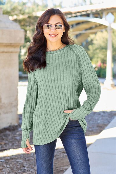 Ribbed Round Neck Long Sleeve Knit Top B - Global Village Kailua Boutique