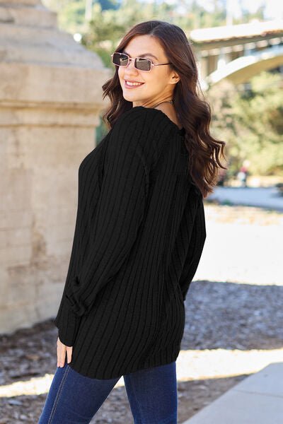 Ribbed Round Neck Long Sleeve Knit Top B - Global Village Kailua Boutique