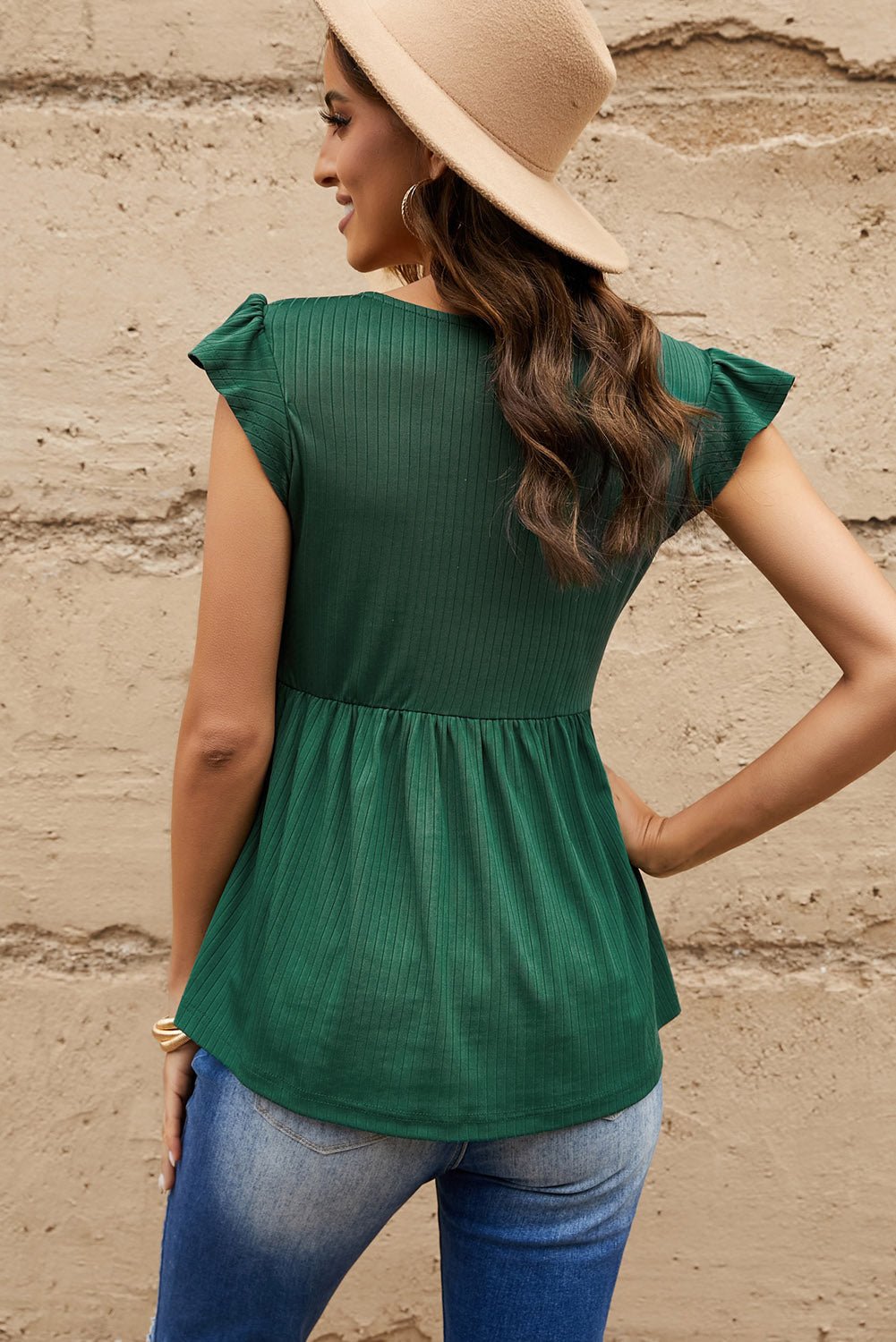 Ribbed Ruffle Sleeve Peplum Top - Global Village Kailua Boutique