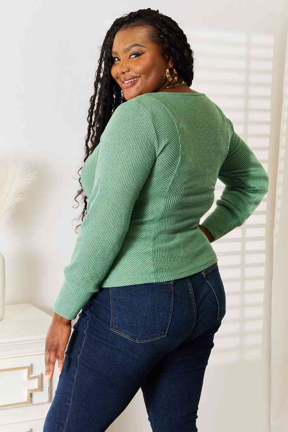 Ribbed Textured Scoop Neck Long Sleeve Top - Global Village Kailua Boutique