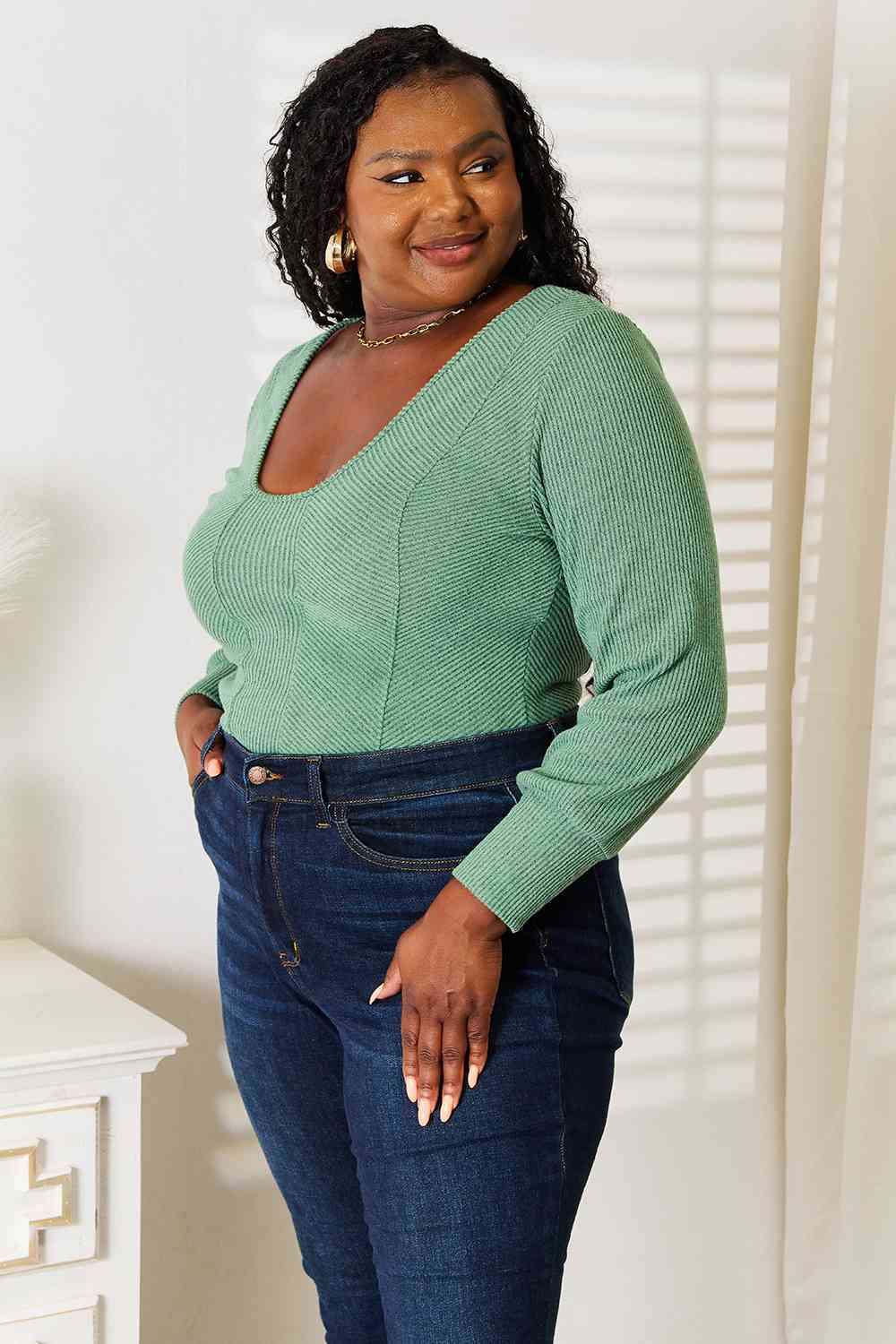 Ribbed Textured Scoop Neck Long Sleeve Top - Global Village Kailua Boutique