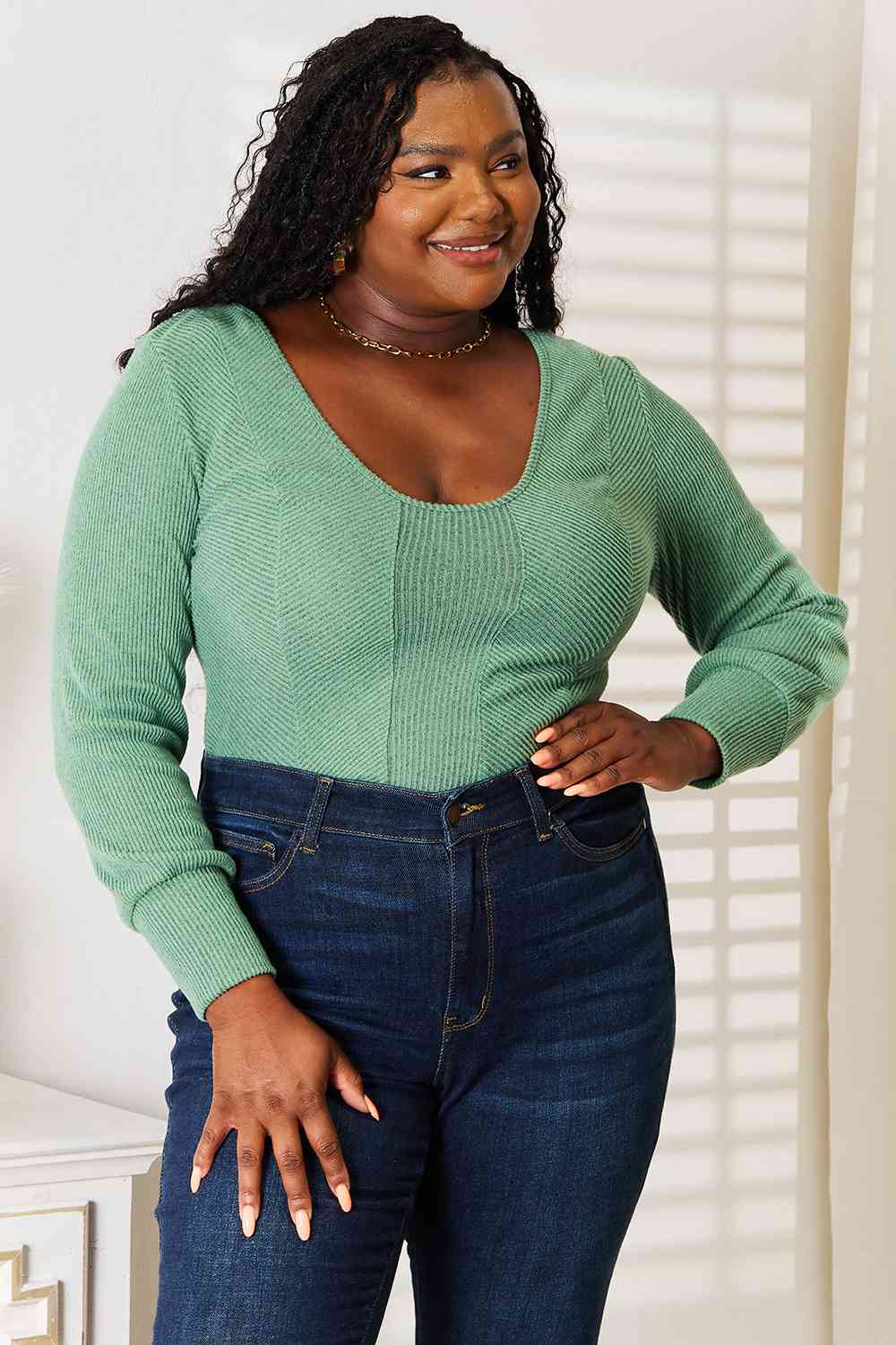 Ribbed Textured Scoop Neck Long Sleeve Top - Global Village Kailua Boutique