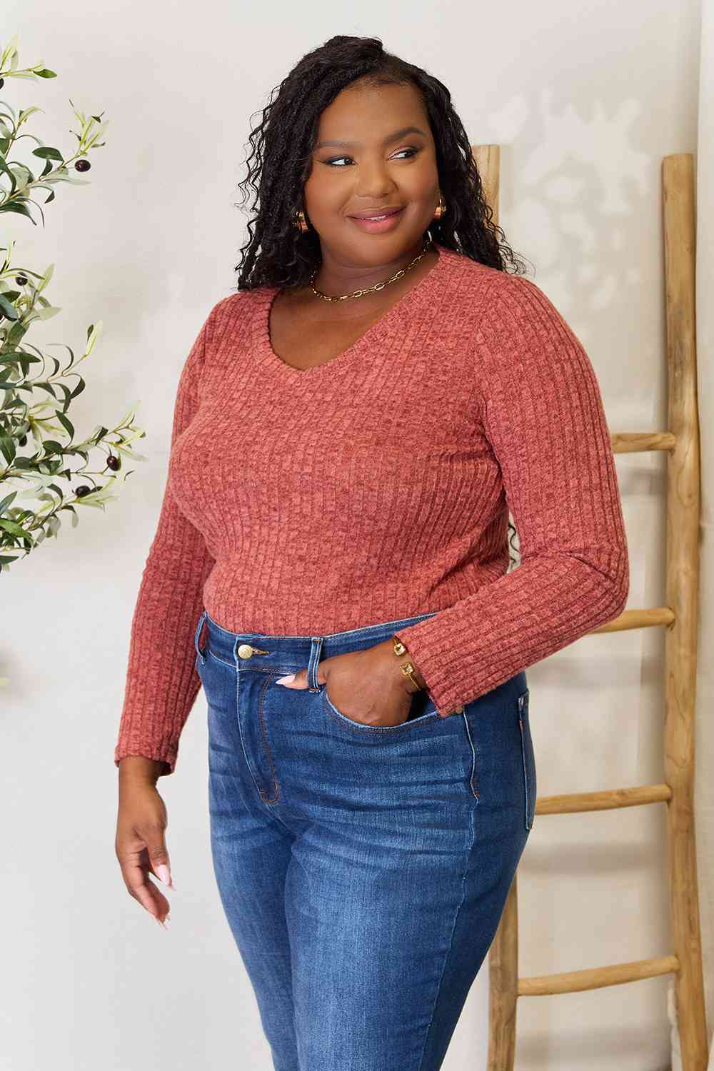 Ribbed V-Neck Long Sleeve Top - Global Village Kailua Boutique