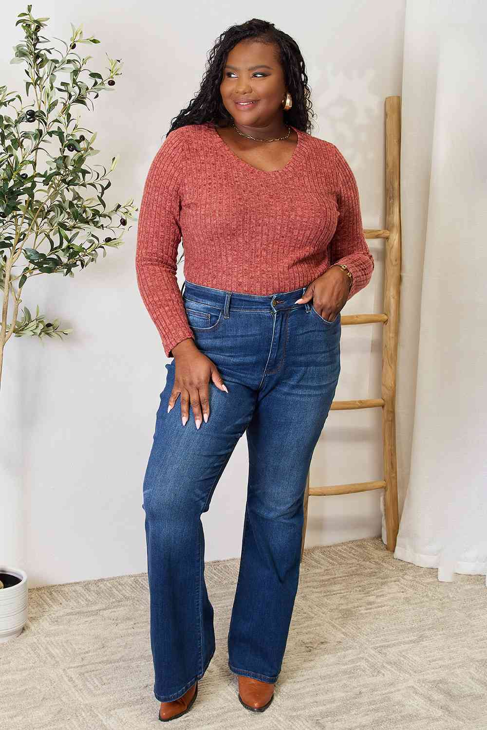 Ribbed V-Neck Long Sleeve Top - Global Village Kailua Boutique