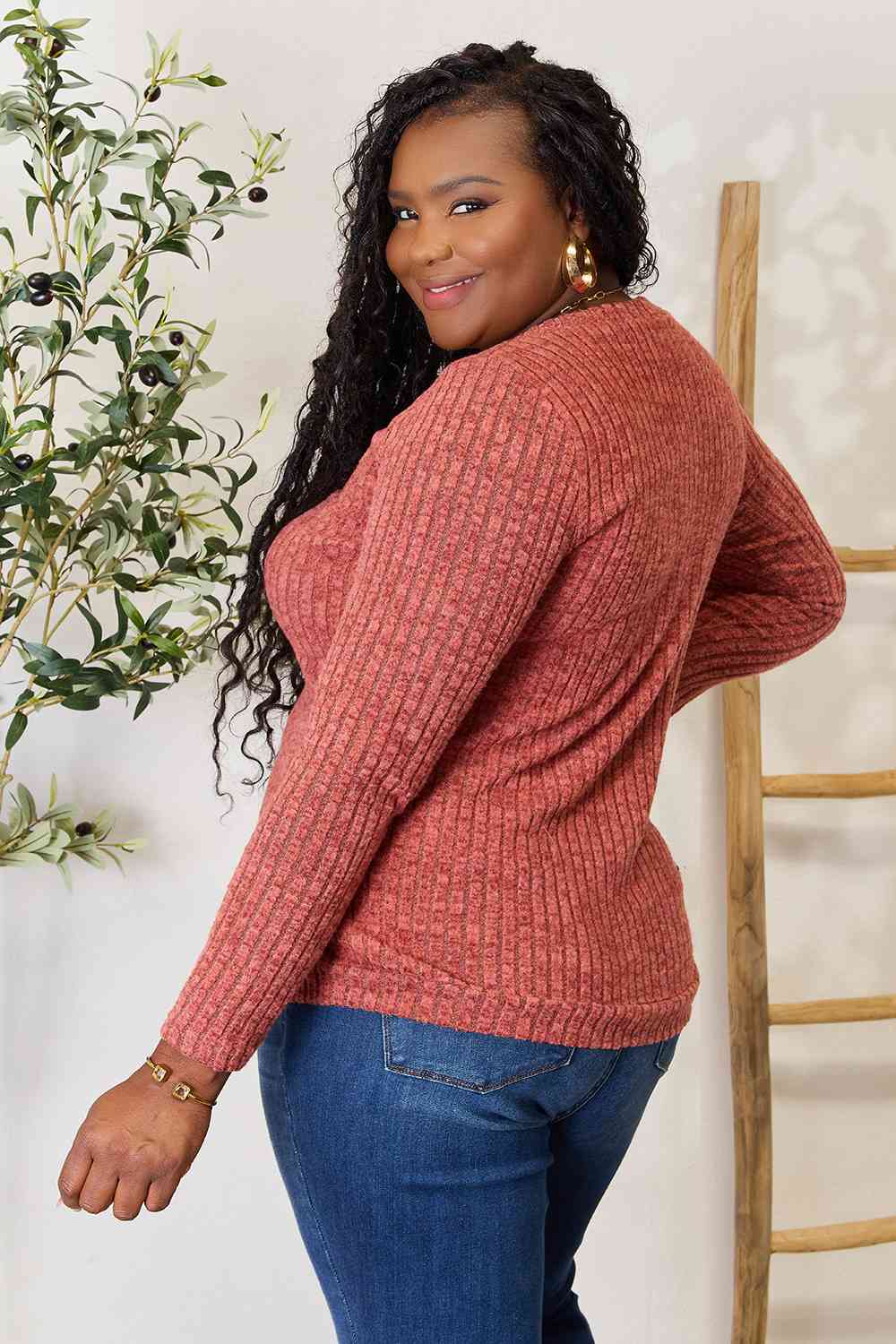 Ribbed V-Neck Long Sleeve Top - Global Village Kailua Boutique