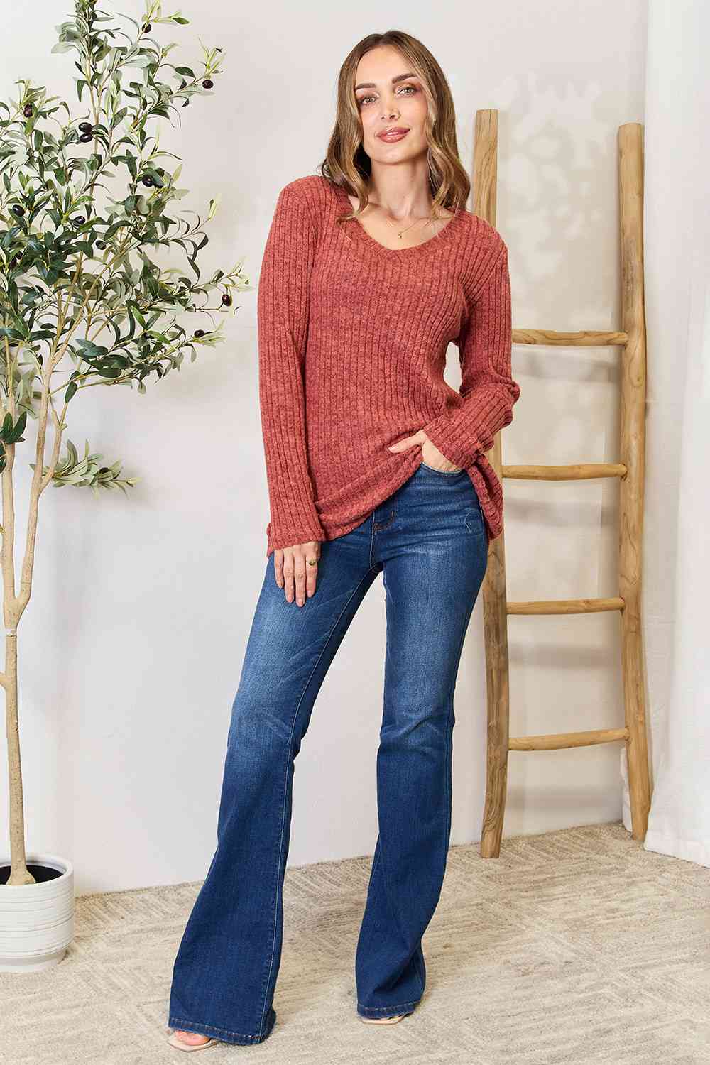 Ribbed V-Neck Long Sleeve Top - Global Village Kailua Boutique