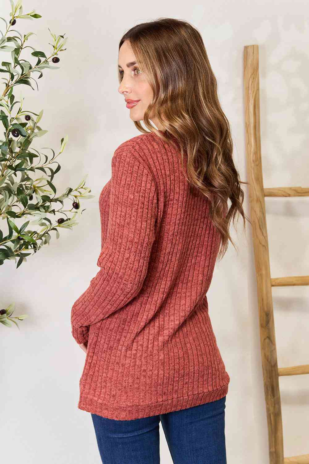 Ribbed V-Neck Long Sleeve Top - Global Village Kailua Boutique