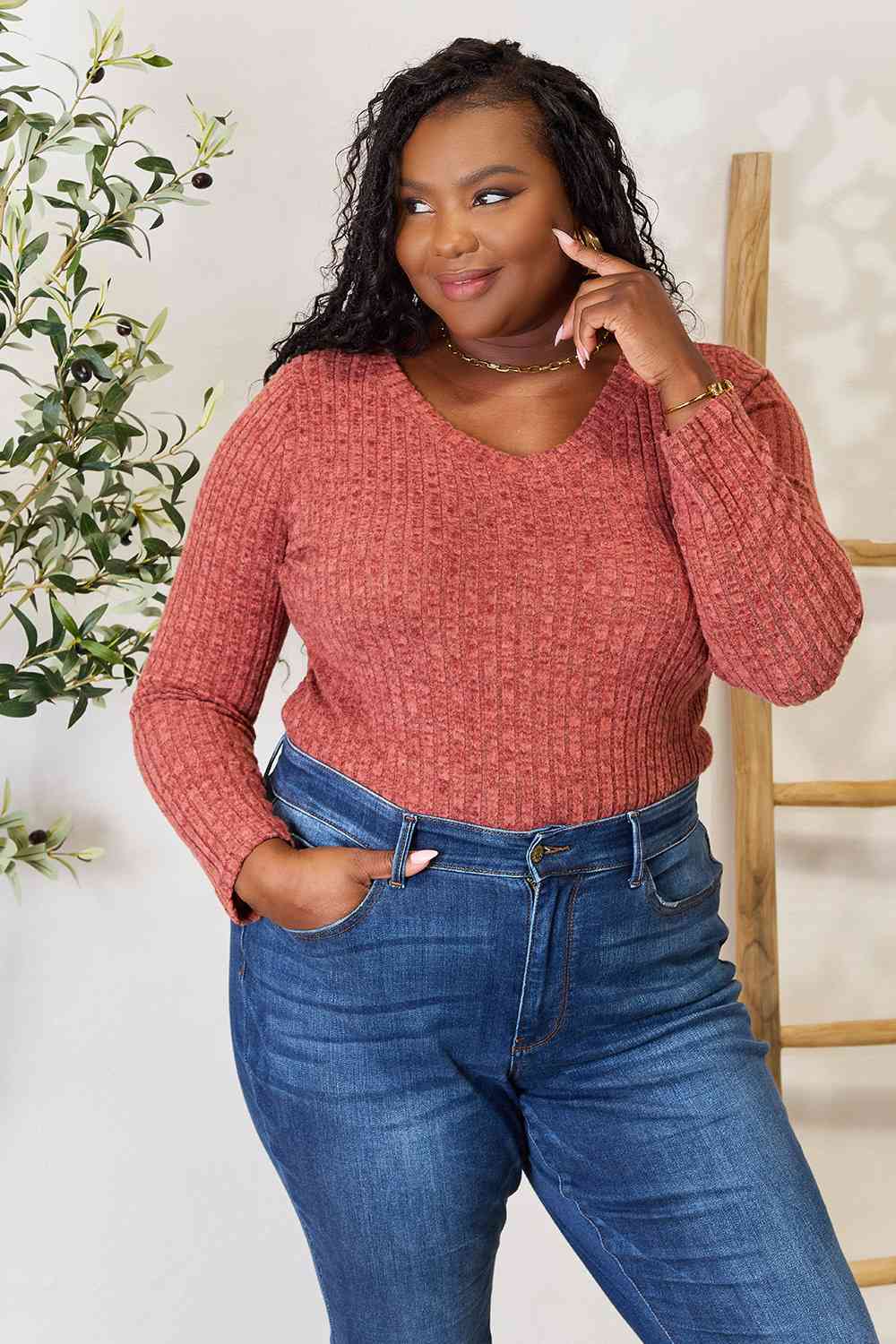 Ribbed V-Neck Long Sleeve Top - Global Village Kailua Boutique