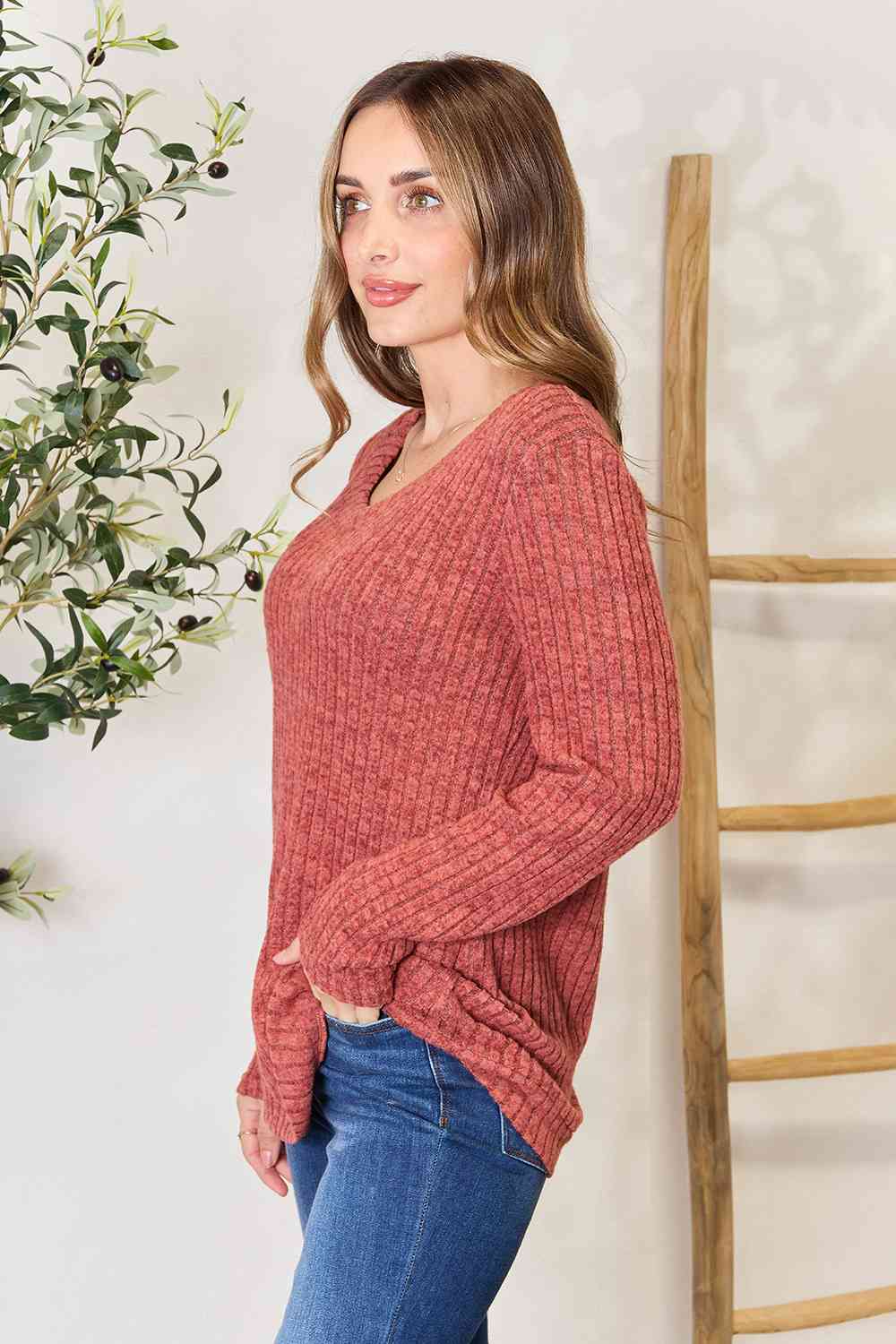 Ribbed V-Neck Long Sleeve Top - Global Village Kailua Boutique