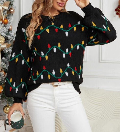 Round Neck Christmas Lights Sweater - Global Village Kailua Boutique