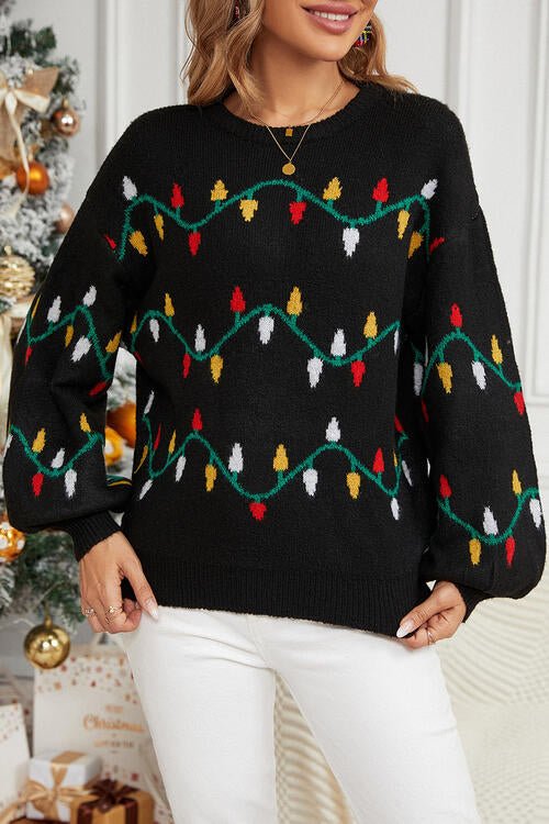 Round Neck Christmas Lights Sweater - Global Village Kailua Boutique
