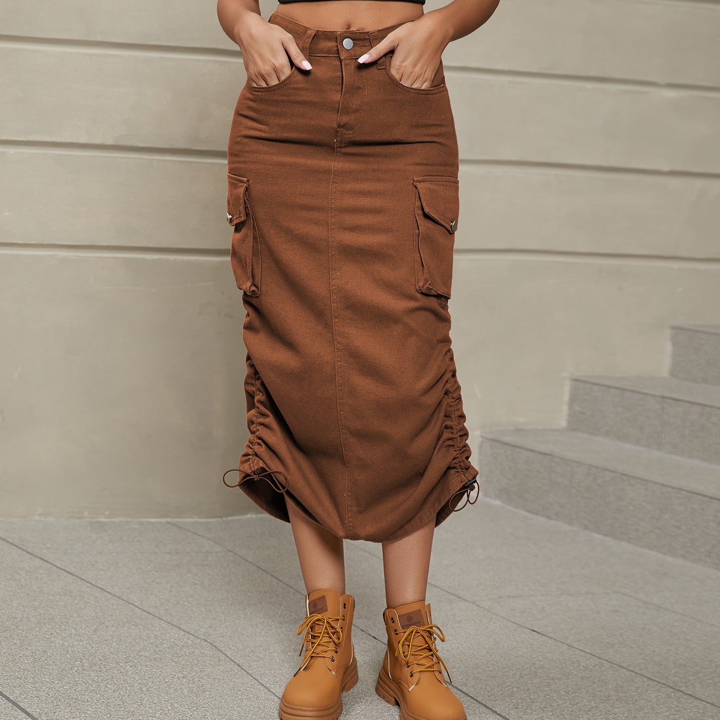 Ruched Slit Midi Skirt - Global Village Kailua Boutique
