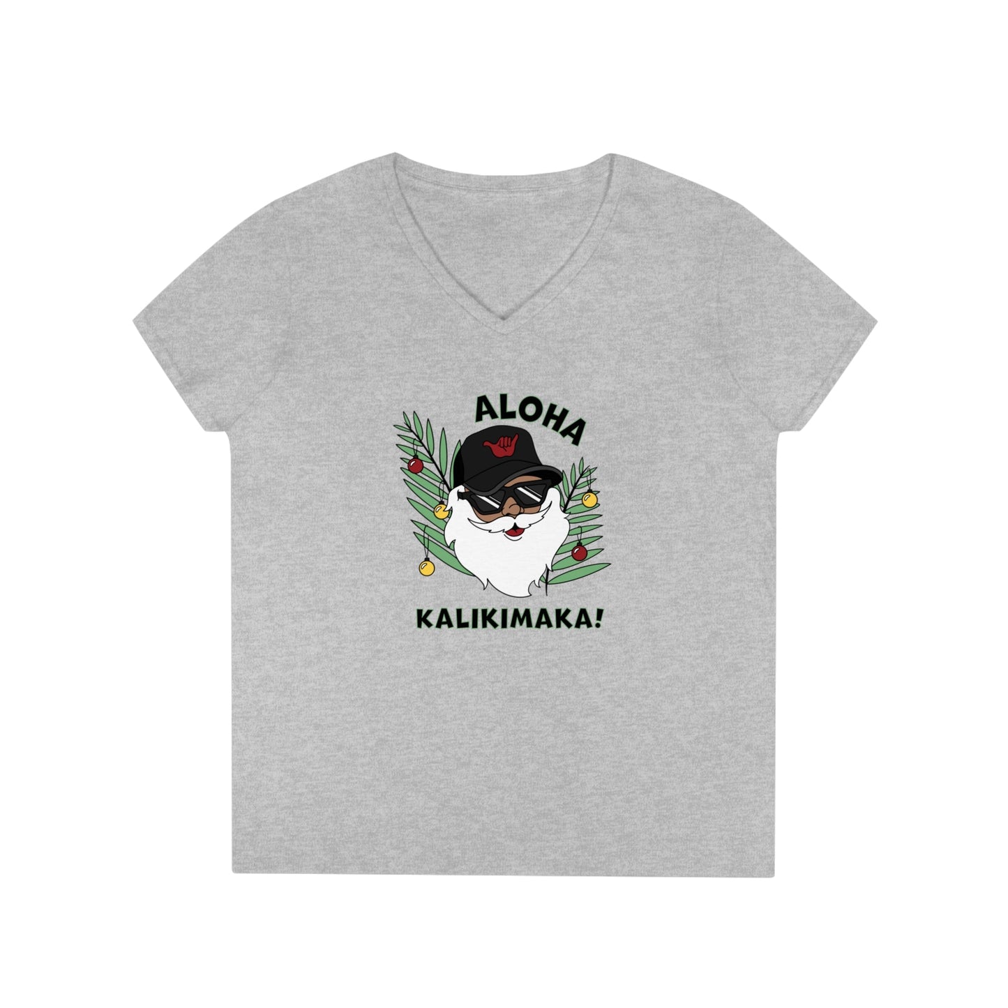 Santa Kalikimaka Womenʻs V Neck Tee - Global Village Kailua Boutique