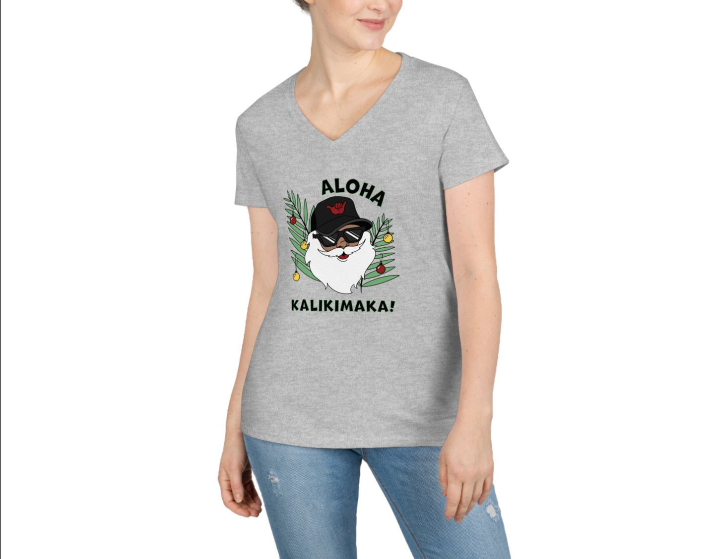 Santa Kalikimaka Womenʻs V Neck Tee - Global Village Kailua Boutique