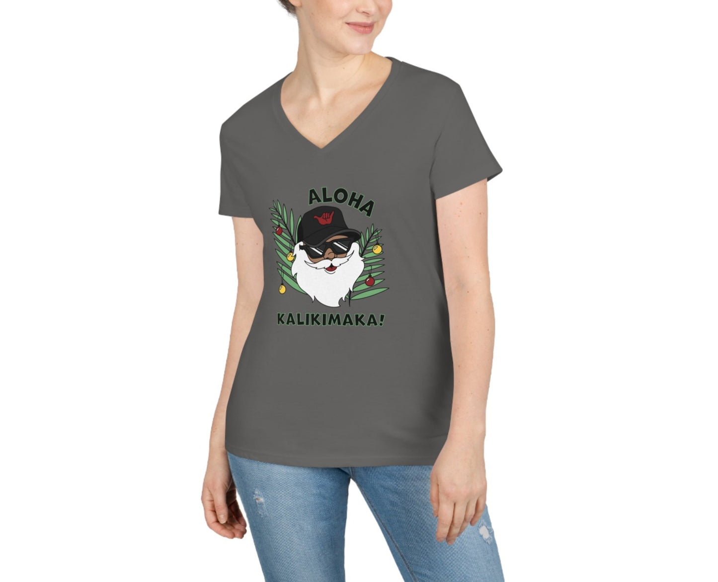 Santa Kalikimaka Womenʻs V Neck Tee - Global Village Kailua Boutique