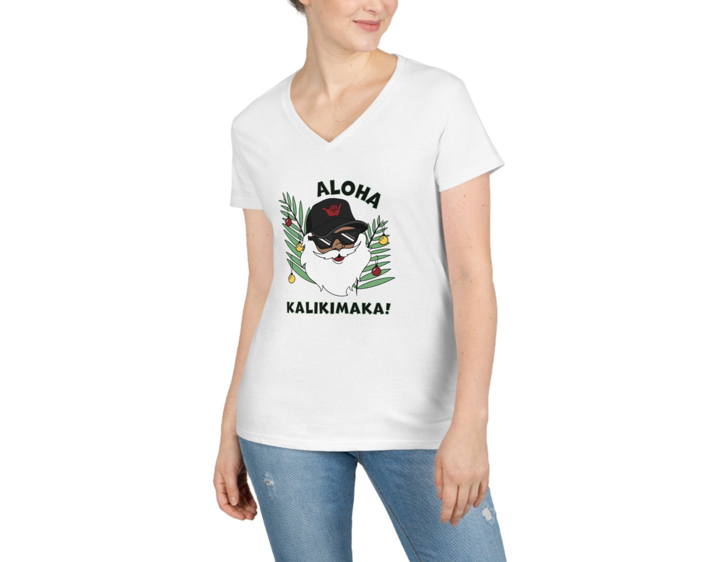 Santa Kalikimaka Womenʻs V Neck Tee - Global Village Kailua Boutique