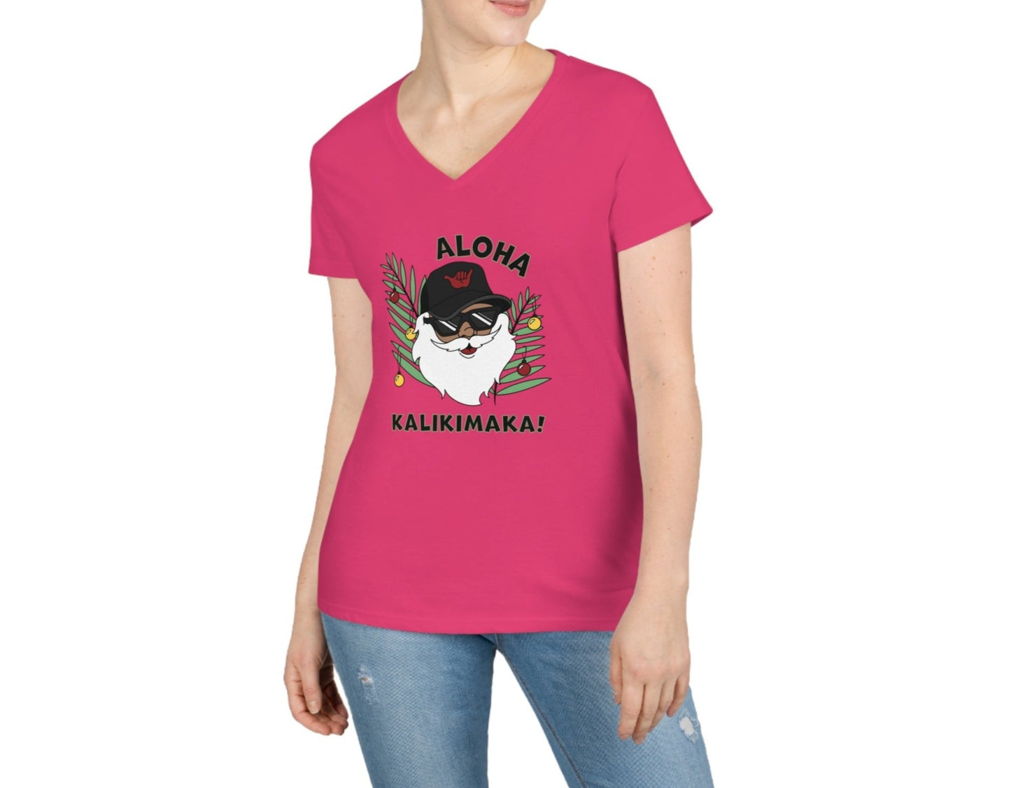 Santa Kalikimaka Womenʻs V Neck Tee - Global Village Kailua Boutique