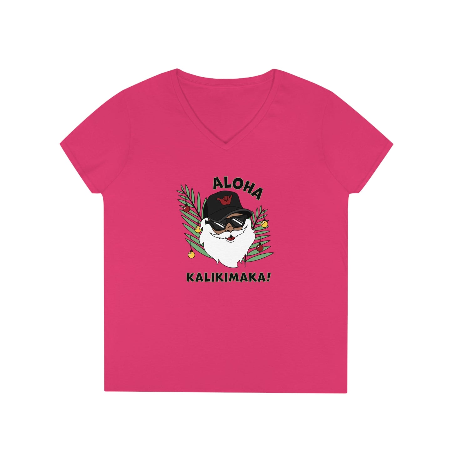 Santa Kalikimaka Womenʻs V Neck Tee - Global Village Kailua Boutique