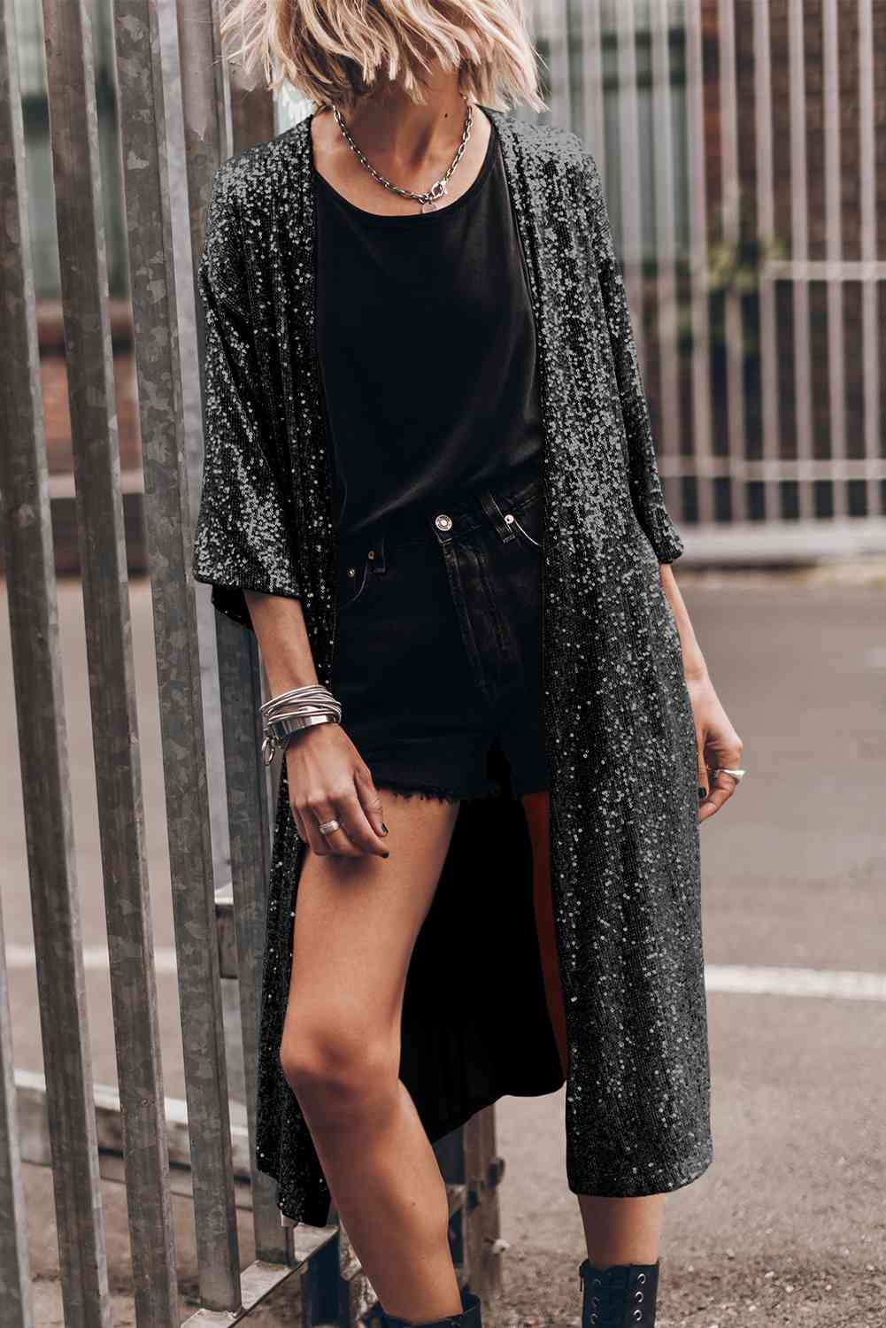 Sequin Open Front Duster Cardigan Global Village Kailua Boutique