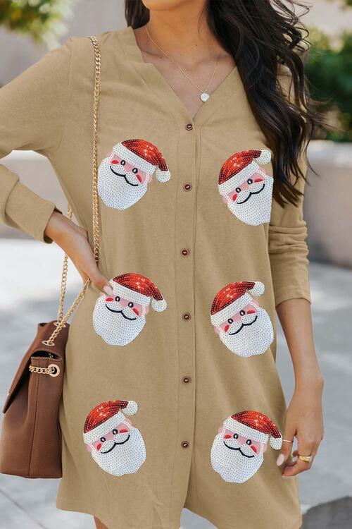 Sequin Santa Button Up Long Sleeve Cardigan - Global Village Kailua Boutique