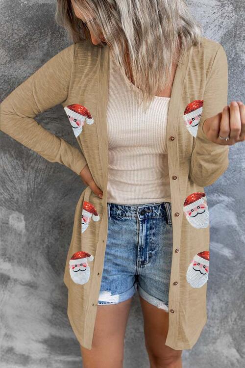Sequin Santa Button Up Long Sleeve Cardigan - Global Village Kailua Boutique