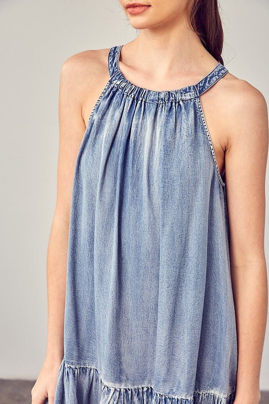 Washed Denim Ruffle Hem Dress Global Village Kailua Boutique