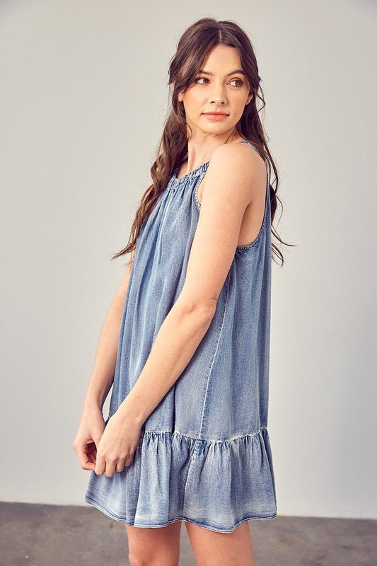 Washed Denim Ruffle Hem Dress Global Village Kailua Boutique