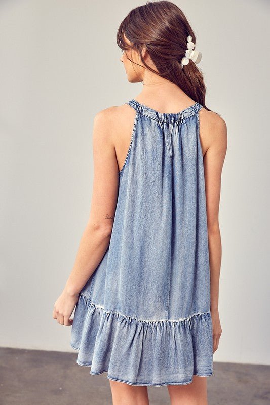 Washed Denim Ruffle Hem Dress Global Village Kailua Boutique