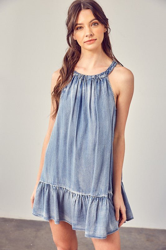 Washed Denim Ruffle Hem Dress Global Village Kailua Boutique