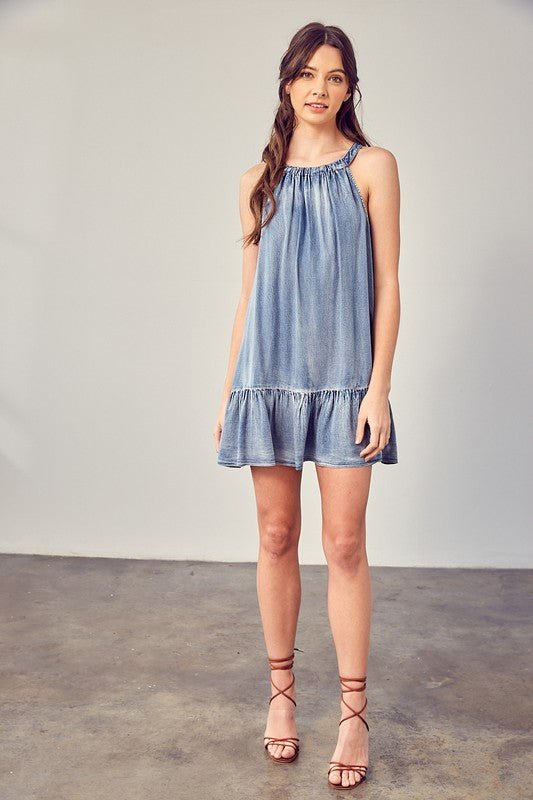 Washed Denim Ruffle Hem Dress Global Village Kailua Boutique